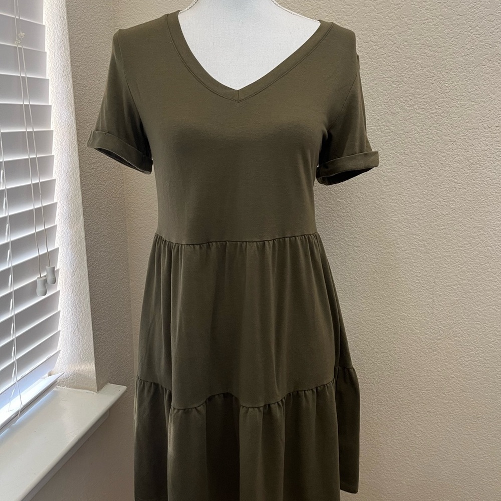 Olive Green V-Neck Tiered Dress